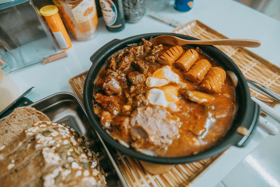 A bubbling pot of sausage casserole