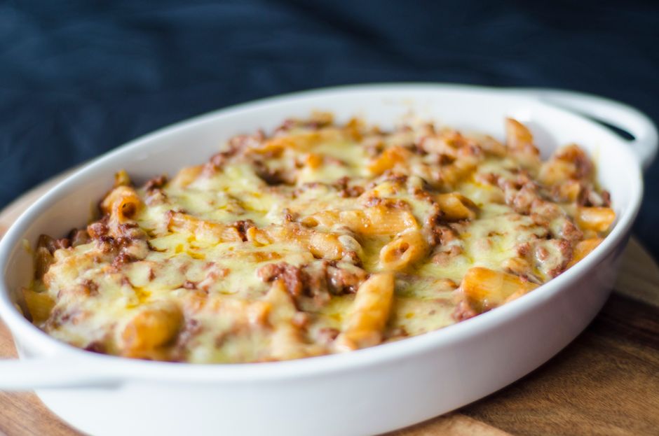 A bubbling pasta bake with a golden cheese top