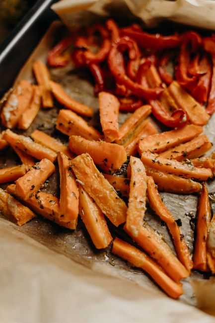 Roasted vegetables on a baking tray